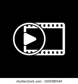 movie strip with play symbol in circle. simple silhouette. White icon on black background. Inversion