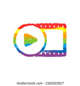 movie strip with play symbol in circle. simple silhouette. Drawing sign with LGBT style, seven colors of rainbow (red, orange, yellow, green, blue, indigo, violet