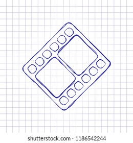 movie strip. simple silhouette. Hand drawn picture on paper sheet. Blue ink, outline sketch style. Doodle on checkered background