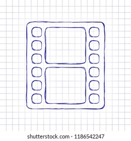 movie strip. simple silhouette. Hand drawn picture on paper sheet. Blue ink, outline sketch style. Doodle on checkered background