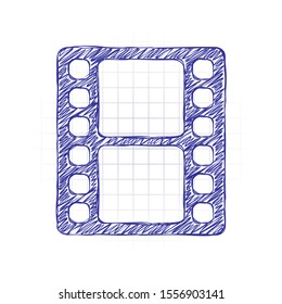 movie strip. simple silhouette. Hand drawn sketched picture with scribble fill. Blue ink. Doodle on white background