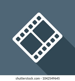 movie strip. simple silhouette. White flat icon with long shadow on background