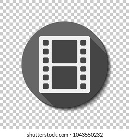 movie strip. simple silhouette. White flat icon with long shadow in circle on transparent background
