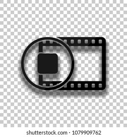 movie strip with stop symbol in circle. simple silhouette. Black glass icon with soft shadow on transparent background