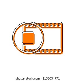 movie strip with stop symbol in circle. simple silhouette. Isolated icon consisting of black thin contour and orange moved filling on different layers. White background