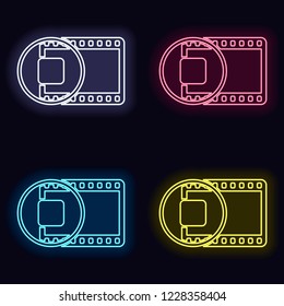 movie strip with stop symbol in circle. simple silhouette. Set of fashion neon sign. Casino style on dark background. Seamless pattern