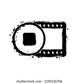 movie strip with stop symbol in circle. simple silhouette. Black ink with splashes on white background