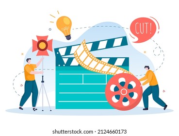 Movie Studio with Camera Crew Team People, Directur, lights, Microphone on Scene Shooting Location for Making Film in Flat Design Background Illustration