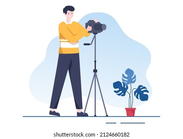 Movie Studio con equipo de camarógrafos, personas, dirección, luces, micrófono en la ubicación de grabación de escenas para hacer película en diseño plano Ilustración de fondo