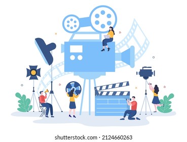 Movie Studio con equipo de camarógrafos, personas, dirección, luces, micrófono en la ubicación de grabación de escenas para hacer película en diseño plano Ilustración de fondo