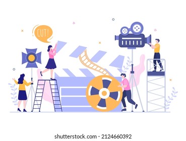 Movie Studio with Camera Crew Team People, Directur, lights, Microphone on Scene Shooting Location for Making Film in Flat Design Background Illustration