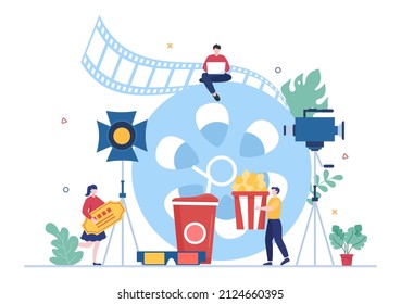 Movie Studio with Camera Crew Team People, Directur, lights, Microphone on Scene Shooting Location for Making Film in Flat Design Background Illustration