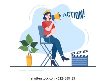 Movie Studio with Camera Crew Team People, Directur, lights, Microphone on Scene Shooting Location for Making Film in Flat Design Background Illustration