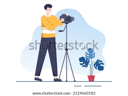 Movie Studio with Camera Crew Team People, Directur, lights, Microphone on Scene Shooting Location for Making Film in Flat Design Background Illustration