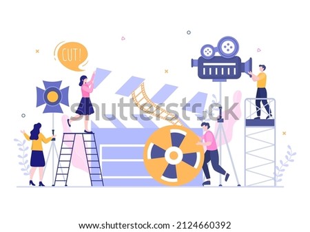 Movie Studio with Camera Crew Team People, Directur, lights, Microphone on Scene Shooting Location for Making Film in Flat Design Background Illustration