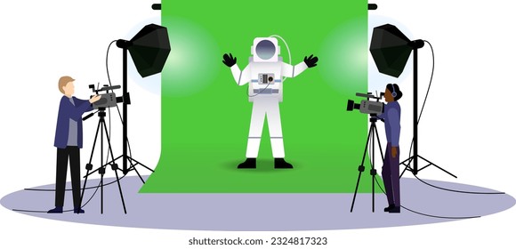 Movie studio Shooting Set Vector Illustration, film production using green screen, cameraman and actor, astronaut, film crew shooting on green screen, Light Equipment