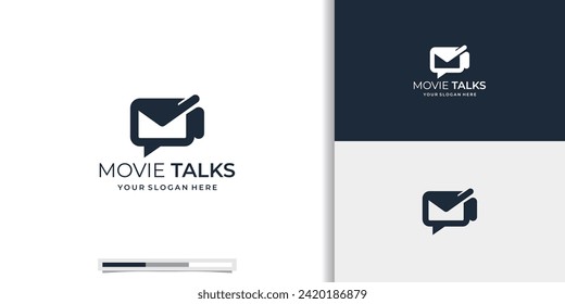 movie talk logo, cinema discussion icon, film roll combine with bubble speech logo concept inspiration