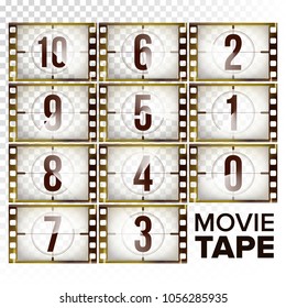 Movie Tape Countdown Vector. Monochrome Brown Grunge Film Strip. From Ten To Zero. Isolated On Transparent Background Illustration