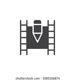 Movie tape and pen vector icon. filled flat sign for mobile concept and web design. Edit film video solid icon. Symbol, logo illustration. Pixel perfect vector graphics