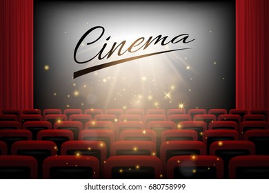 Movie theater background with red curtains, screen, chairs and Cinema word. Vector illustration.