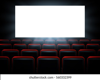 Movie Theater With Blank Screen, Cinema Hall With Red Seats. Vector Illustration.