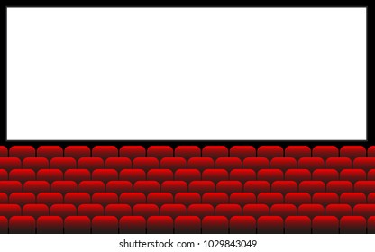 movie theater with blank screen and red seats row, cinema hall, vector illustration