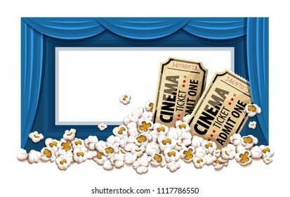 Movie theater with blue blinds and white blank screen. Cinema hall. Film tickets in popcorn. Vector illustration.