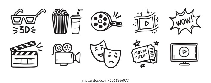 movie theater or cinema doodle hand drawn icon set. Outline drawing movie theater or cinema line clipart symbol collection. Vector illustration