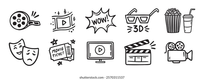 movie theater or cinema doodle hand drawn icon set. Outline drawing movie theater or cinema line clipart symbol collection. Vector illustration