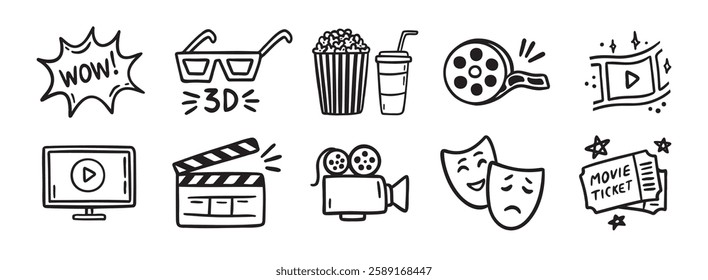 movie theater or cinema doodle hand drawn icon set. Outline drawing movie theater or cinema line clipart symbol collection. Vector illustration