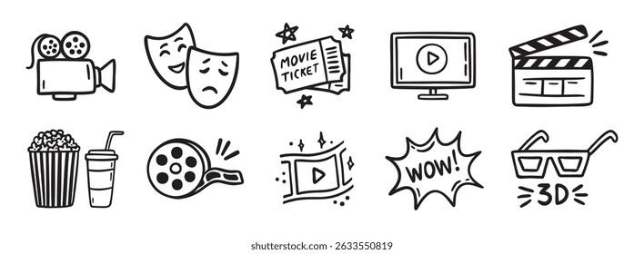 movie theater or cinema doodle hand drawn icon set. Outline drawing movie theater or cinema line clipart symbol collection. Vector illustration