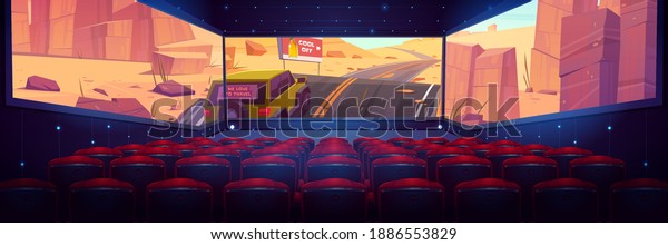 Movie theater, cinema hall with three-sided\
panoramic screen and rows of red seats. Vector cartoon interior of\
dark cinema auditorium, chair backs and 3d video with car on desert\
road on screen