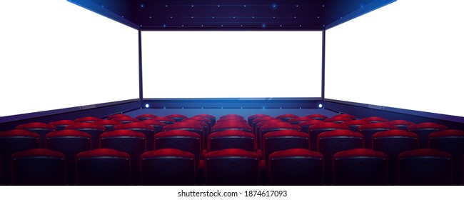 Movie theater, cinema hall with white screen and rows of red seats rear view. Empty interior with light blank screen, chair backs and illumination on ceiling and floor, Cartoon vector illustration