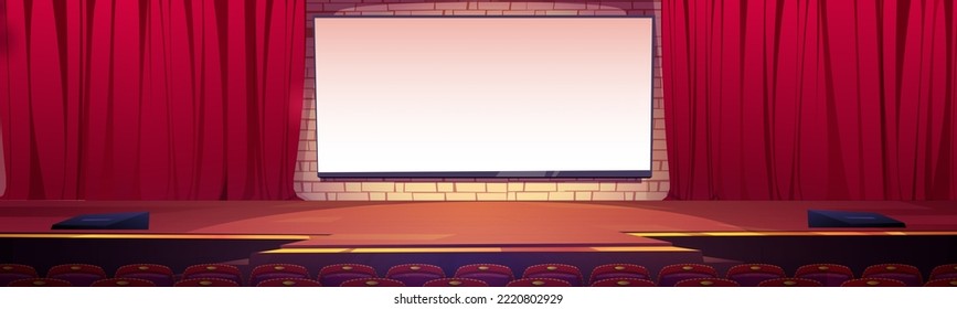 Movie theater, cinema hall with white screen and rows of red seats front of the stage. Empty interior for watching film or performance with screen, chairs and illumination, Cartoon vector illustration