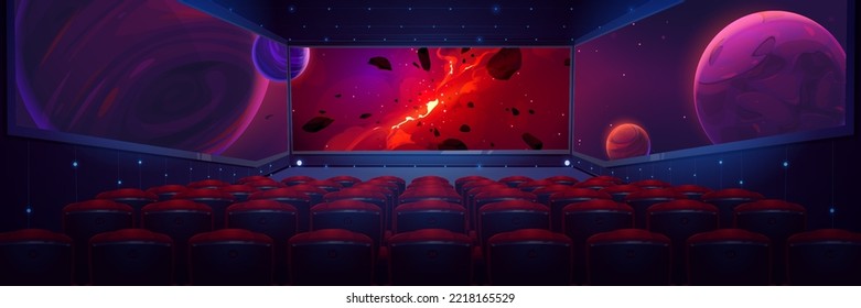 Movie theater, cinema hall with wide screen and rows of red seats rear view. Empty interior with space galaxy and planets scene on screen, chair backs and illumination, Cartoon vector illustration