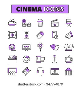   Movie theater cinema retro tickets and television 3d effects polarized glasses outlined icons collection  isolated vector illustration