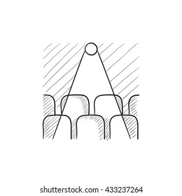 Movie theater with empty seats and projector vector sketch icon isolated on background. Hand drawn Movie theater with empty seats icon. Movie theater sketch icon for infographic, website or app.