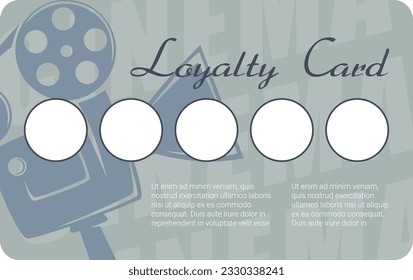 Movie theater entertainment, loyalty card for cinema goers. Discounts and sales, promotions for customers. Get free film. Rewards for clients for buying products. Vector in flat style illustration