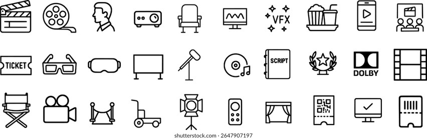 Movie Theater e Filmmaking Stroke Icon Pack — Incluindo Câmera, Clapperboard, Tela e Popcorn Symbols.