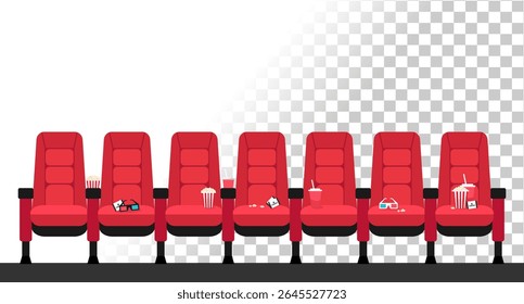 Movie theater hall red chairs template background. Movie theater seats with popcorn, soda, 3d glasses and cinema tickets on it