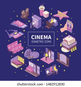 Movie theater home cinema picture house isometric icons compositions with tickets 3d glasses bobbin popcorn vector illustration 