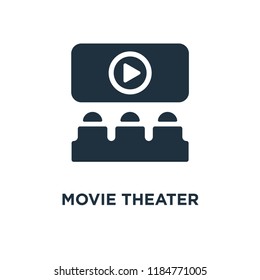 Movie Theater icon. Black filled vector illustration. Movie Theater symbol on white background. Can be used in web and mobile.