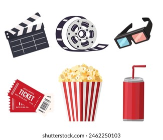 Movie theater icon set. Movie theater popcorn, movie theater clapper, 3d glasses, drink and movie theater tickets Vector, isolated on white background