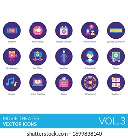Movie theater icons including rated PG, rating, parental guide, opening countdown, film camera, box office, superhero, cyberpunk, classic, musical, online ticketing, review, 3d surround, buy 1 get 1.