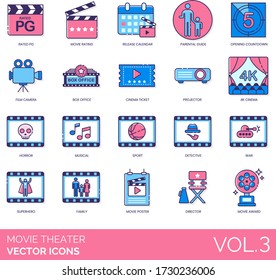 Movie theater icons including rated PG, rating, release calendar, parental guide, opening countdown, film camera, box office, cinema ticket, projector, 4K, horror, musical, sport, detective, poster.