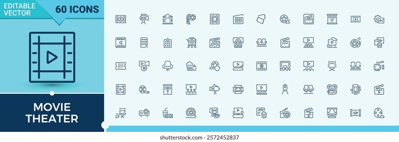 Movie Theater icons set. Contains related to projector, play, on, camera, cinema, glasses, video and more. Simple icon designs. Editable vector stroke.