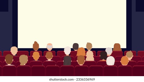 Interior de cine, pantalla vacía de cine y audiencia. La gente ve películas sentadas en asientos rojos. Banner de entretenimiento vectorial