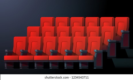 Movie theater interior with comfortable red chairs in rows. Cinema auditorium seats. Flat character vector illustration