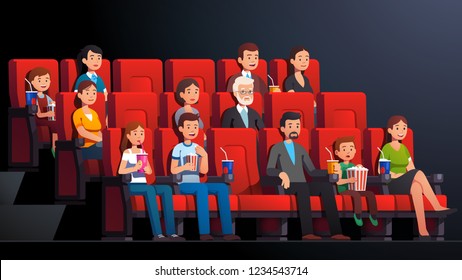 Movie theater interior. Immersed people man, woman, kids, families, couples drinking, eating watching movie. Cinema audience crowd film sitting in chair rows. Flat character vector illustration
