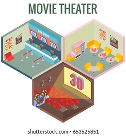 Movie theater in isometric style design. Vector flat 3d icons. Interior of cinema, cafe, ticket office.